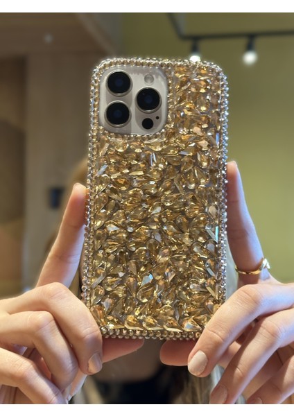 iPhone 16 Pro Uyumlu Lüks Gold Kristal Taşlı Kılıf