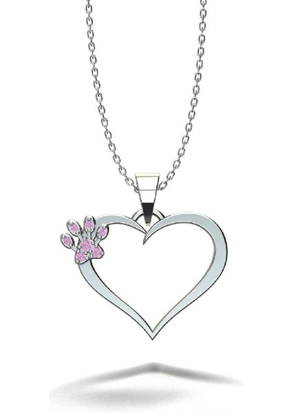 Gümüş Patili Kalp Kolye Pembe Swarovski Taşlı