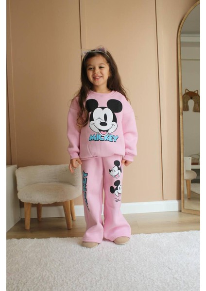 Kız Çocuk Pudra Pembe Renk Pamuklu 3 Iplik Şardonlu Mickey Baskılı Alt Üst Takım