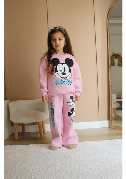 Kız Çocuk Pudra Pembe Renk Pamuklu 3 Iplik Şardonlu Mickey Baskılı Alt Üst Takım fiyatları