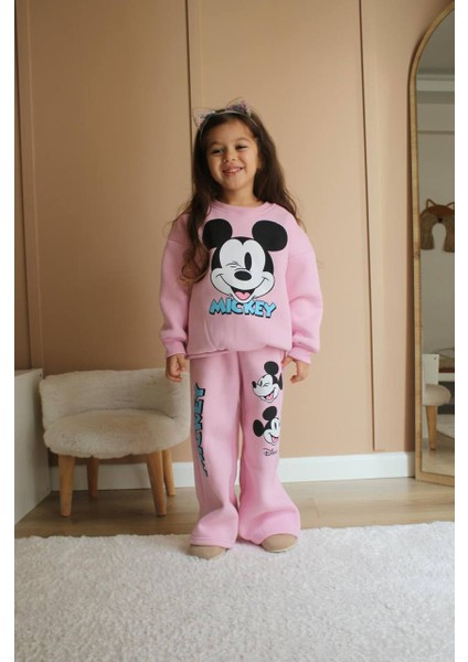 Kız Çocuk Pudra Pembe Renk Pamuklu 3 Iplik Şardonlu Mickey Baskılı Alt Üst Takım modelleri