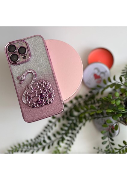 Simli Lüks Kuğu Apple iPhone Kılıfı – Pembe Apple iPhone 15 Pro modelleri