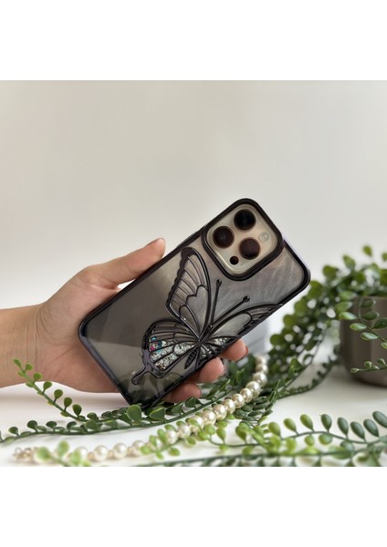 Simli Kelebek Lüks Apple iPhone Kılıfı – Siyah Apple iPhone 15 Pro