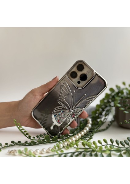 Simli Kelebek Lüks Apple iPhone Kılıfı - Gümüş Apple iPhone 11