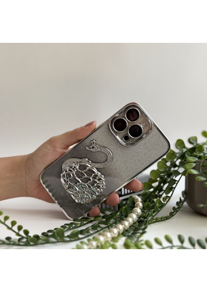 Simli Kuğu Lüks Apple iPhone Kılıfı – Gümüş Apple iPhone 15 Pro Max