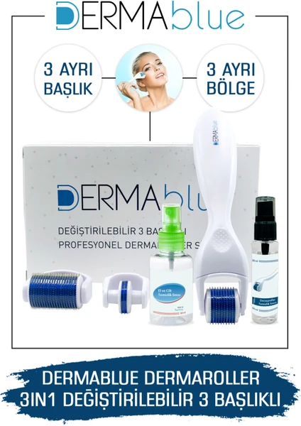 Dermablue 3in1 Dermaroller Değiştirilebilir 3 Başlıklı Titanyum Derma Roller