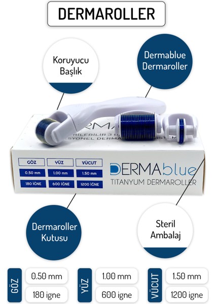 Dermablue 3in1 Dermaroller Değiştirilebilir 3 Başlıklı Titanyum Derma Roller