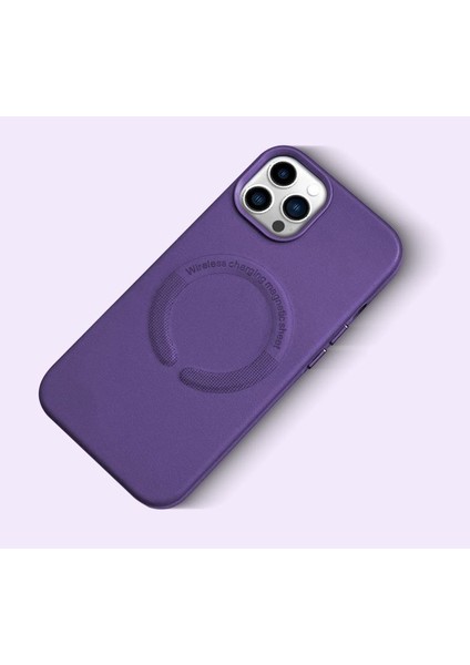 Kablosuz Şarj Destekli Deri Apple iPhone Kılıf - Mor Apple iPhone 13 Pro Max