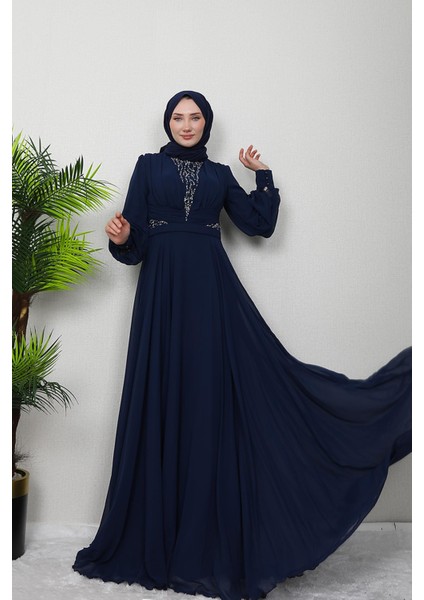Pelin Şifon Taşlı Abiye Lacivert