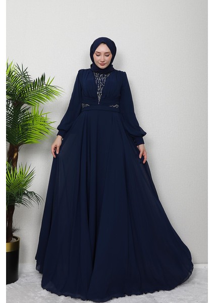 Pelin Şifon Taşlı Abiye Lacivert fiyatları