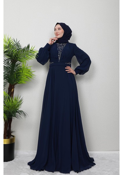 Pelin Şifon Taşlı Abiye Lacivert modelleri