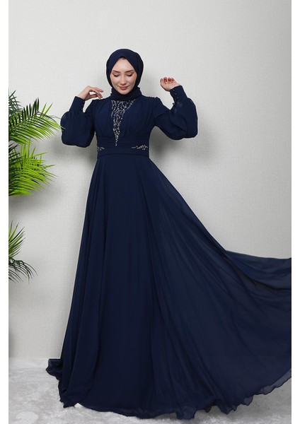 Pelin Şifon Taşlı Abiye Lacivert fırsatları