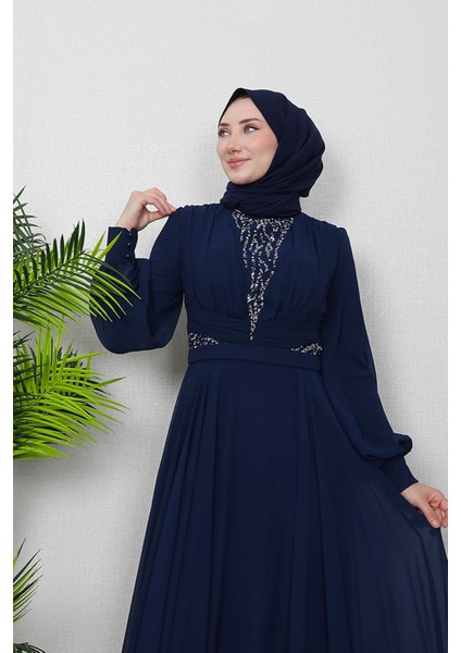 Pelin Şifon Taşlı Abiye Lacivert indirimleri