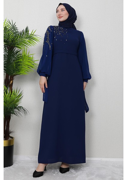 Kolu Şifon Detay Elbise Lacivert