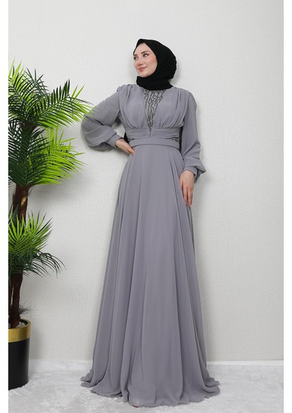 Pelin Şifon Taşlı Abiye Sütlükahve