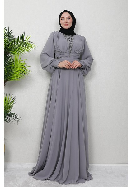 Pelin Şifon Taşlı Abiye Sütlükahve modelleri