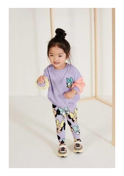 Duffy Duck Desenli Pamuklu Mor Sweatshirt Tayt Set Alt-Üst Takım Kız Çocuk