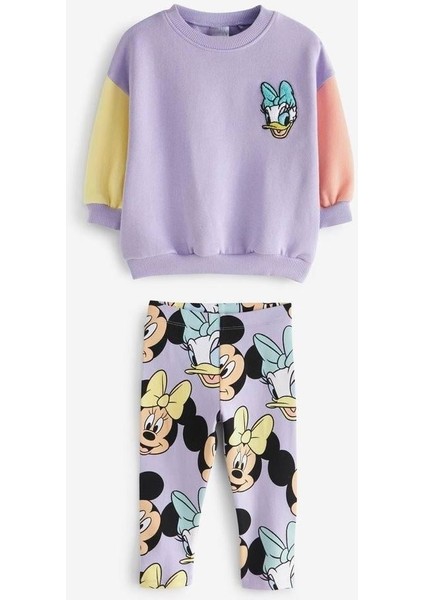 Duffy Duck Desenli Pamuklu Mor Sweatshirt Tayt Set Alt-Üst Takım Kız Çocuk