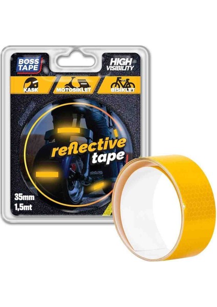 Boss Tape reflektif Işık Gelince Parlayan Kedi Gözü Bant Sarı EN:35MM Boy:1,5mt Motosiklet Bisiklet