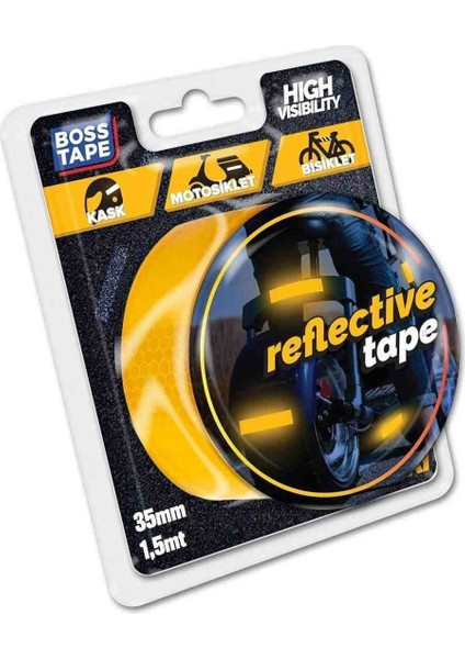 Boss Tape reflektif Işık Gelince Parlayan Kedi Gözü Bant Sarı EN:35MM Boy:1,5mt Motosiklet Bisiklet modelleri