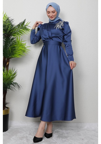 Omzu Taşlı Saten Abiye Koyu Indigo