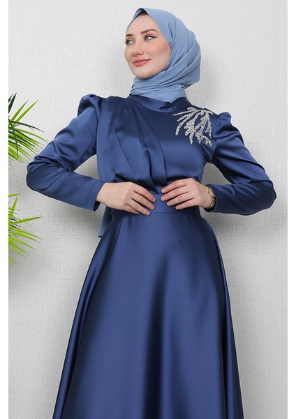 Omzu Taşlı Saten Abiye Koyu Indigo