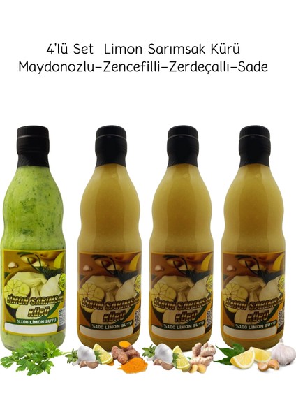 Limon Sarımsak Kürü 4 x 500 ml Cam El Yapımı (Sade-Zencefil-Zerdeçal-Maydanozlu)