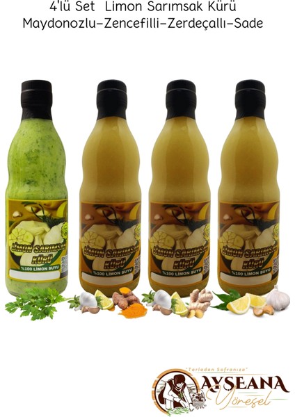 Limon Sarımsak Kürü 4 x 500 ml Cam El Yapımı (Sade-Zencefil-Zerdeçal-Maydanozlu)