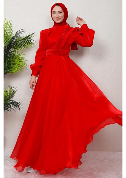 V Pileli Tesettür Abiye Fuşya