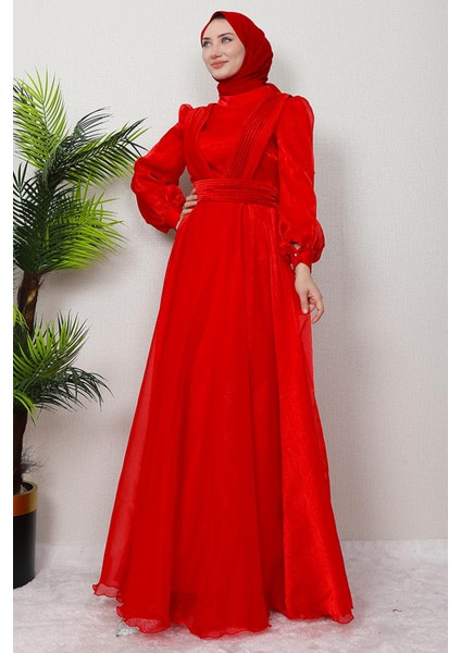 V Pileli Tesettür Abiye Fuşya modelleri