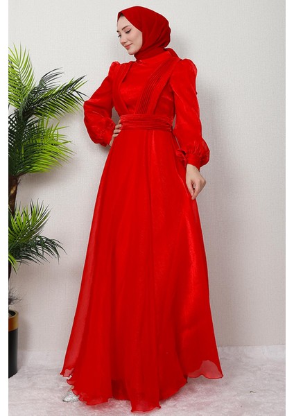 V Pileli Tesettür Abiye Fuşya fırsatları