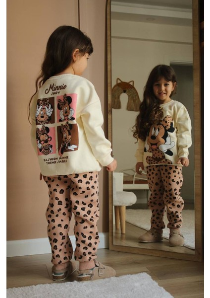Kız Çocuk Kışlık Minnie Mickey Baskılı Sırt Detaylı Leopar Geçişli Trend Alt Üst Takım 2 Parça Şardonlu