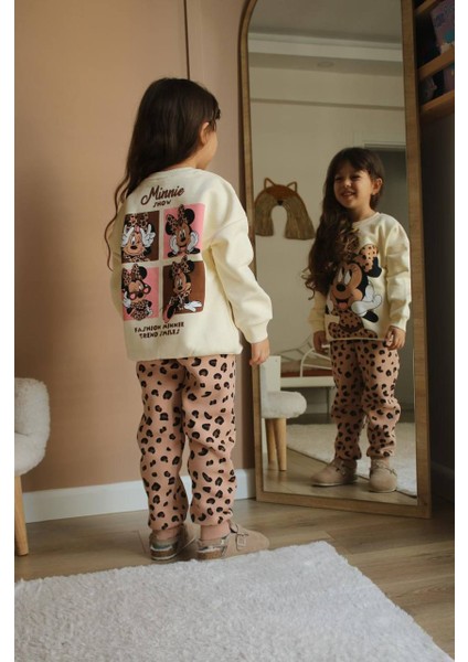 Kız Çocuk Kışlık Minnie Mickey Baskılı Sırt Detaylı Leopar Geçişli Trend Alt Üst Takım 2 Parça Şardonlu