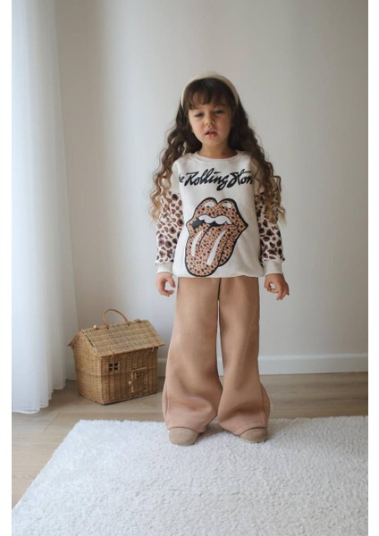 Kız Çocuk Iç Pamuklu Leopar Geçişli Trend Rolling Stone Baskılı Alt Üst Takım Sütlü Kahve Renk