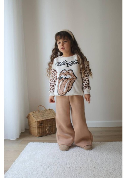 Kız Çocuk Iç Pamuklu Leopar Geçişli Trend Rolling Stone Baskılı Alt Üst Takım Sütlü Kahve Renk fiyatları