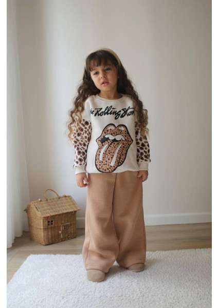 Kız Çocuk Iç Pamuklu Leopar Geçişli Trend Rolling Stone Baskılı Alt Üst Takım Sütlü Kahve Renk modelleri