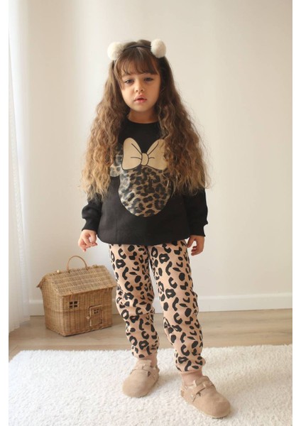 Kız Çocuk Siyaj Üzeri Leopar Baskılı Mickey Şardonlu Yumuşacık Kışlık Alt Üst Takım