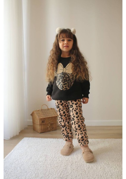 Kız Çocuk Siyaj Üzeri Leopar Baskılı Mickey Şardonlu Yumuşacık Kışlık Alt Üst Takım fiyatları