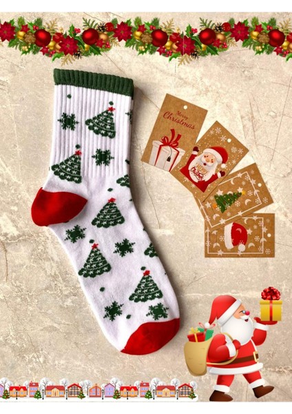 Tekno Trust 2'li Yılbaşı Ağaç Noel Baba Christmas Desenli Hediyelik Kartlı Set Unisex Pamuklu Tenis Kolej Çorap