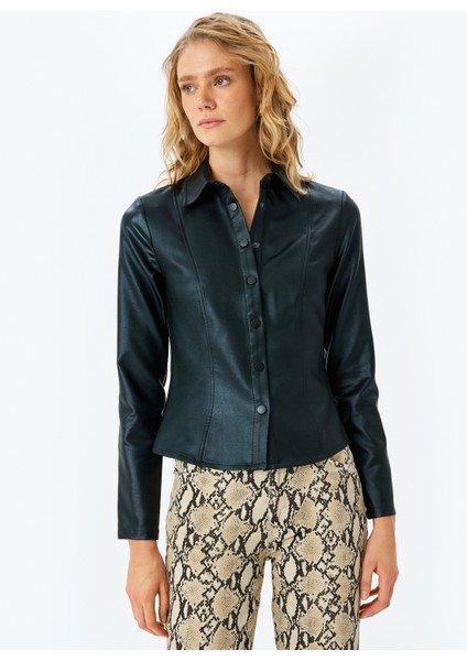 Slim Fit Uzun Kollu Suni Deri Gömlek modelleri
