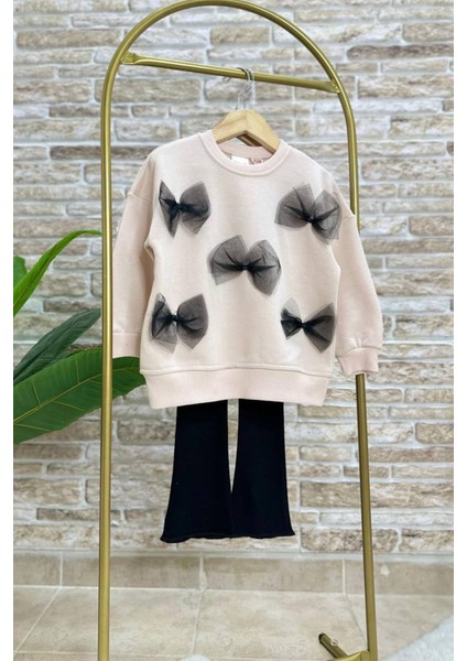 Yumuşak Pamuklu Kumaş Tül Fiyonk Aplikeli Sweatshirt ve Fitilli Ispanyol Paça Tayt Alt Üst Takım modelleri
