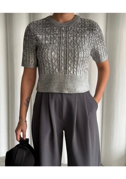 Butik Serdivan Örgülü Varak Crop Kısa Kol Kadın Triko Kazak Trend indirimleri