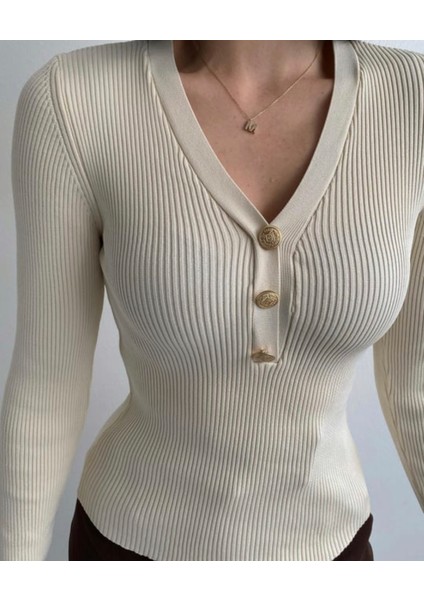 Butik Serdivan Fitilli Siyah Krem V Yaka Kadın Kazak Likralı Altın Yaldız Üç Düğmeli Trend fırsatları