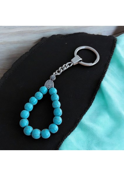 Mavi Firuze Taşı Anahtarlık Tesbih - Doğal Taş Anahtarlık - Tesbih Anahtarlık - Sertifikalı Orijinal Doğal Taş Tesbih