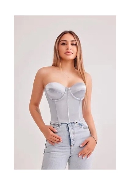 Saten Lycralı Crop Top