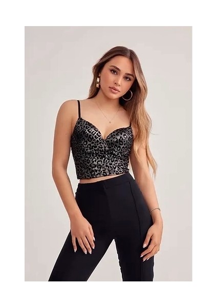 Leopar Baskılı Crop Top Balenli