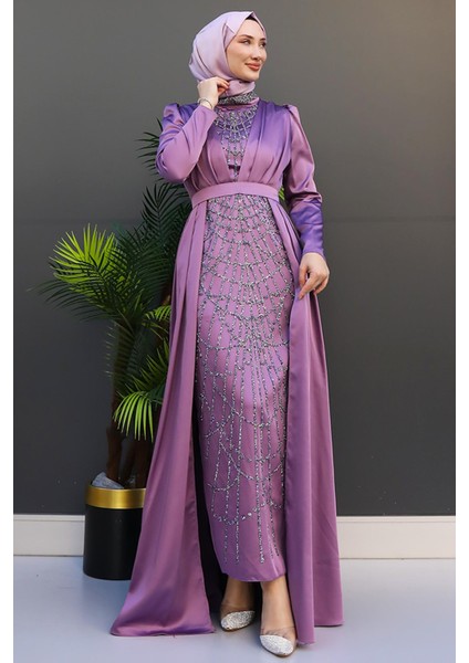 Işlemeli Pelerinli Abiye Lila