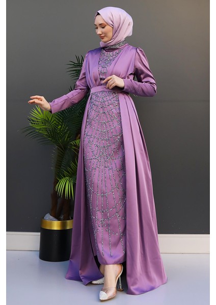 Işlemeli Pelerinli Abiye Lila fiyatları