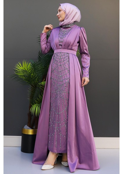 Işlemeli Pelerinli Abiye Lila modelleri