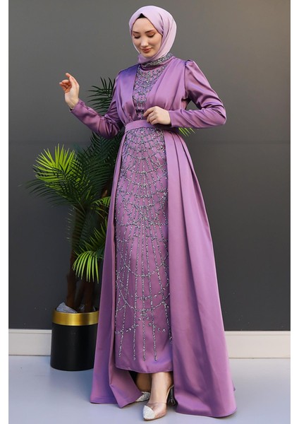 Işlemeli Pelerinli Abiye Lila fırsatları